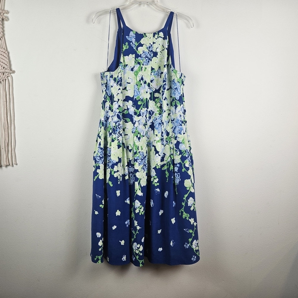 Adrianna Papell Navy Floral Midi Dress with Lime and White Blooms